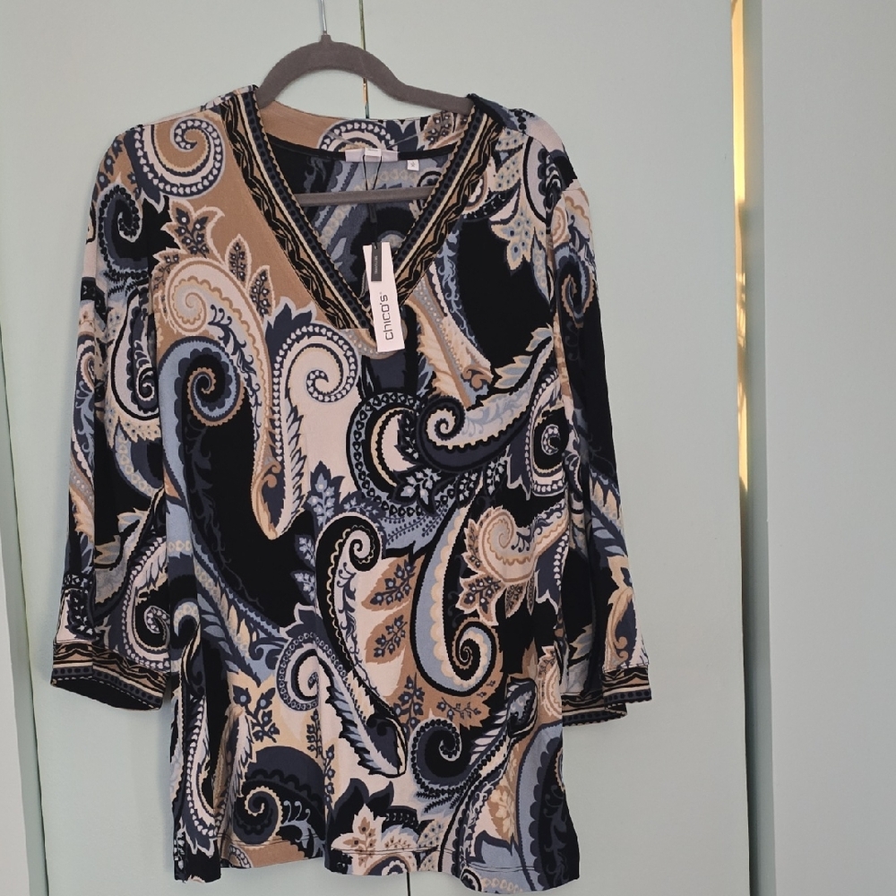 Chico's Elegant Paisley V-Neck Blouse - Black and Cream